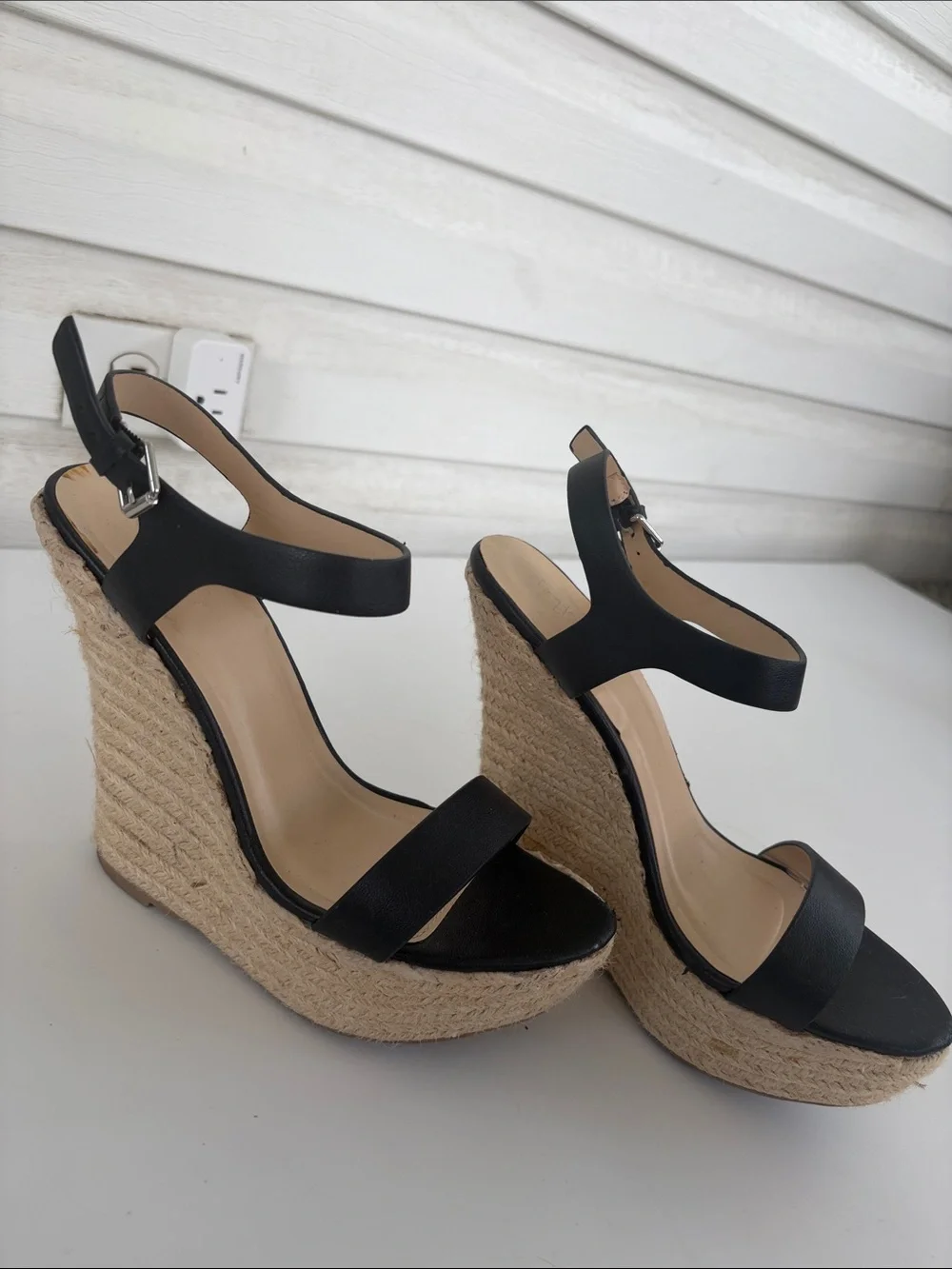 Charlotte Russe Black Espadrille Wedge Sandals Size 8 Ankle Strap Platform